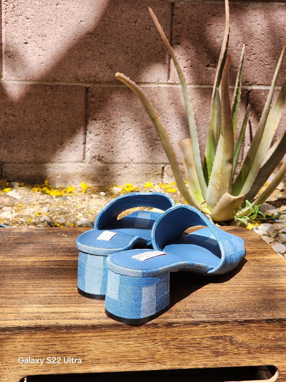True Religion Blue Denim Single Strap Logo Block-Print Sandal Heels Size 9
